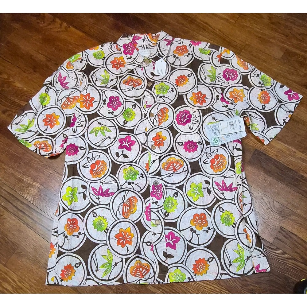 Jams World Mens XL Mosaic Choco Floral Batik Button Down Shirt M605 NWT